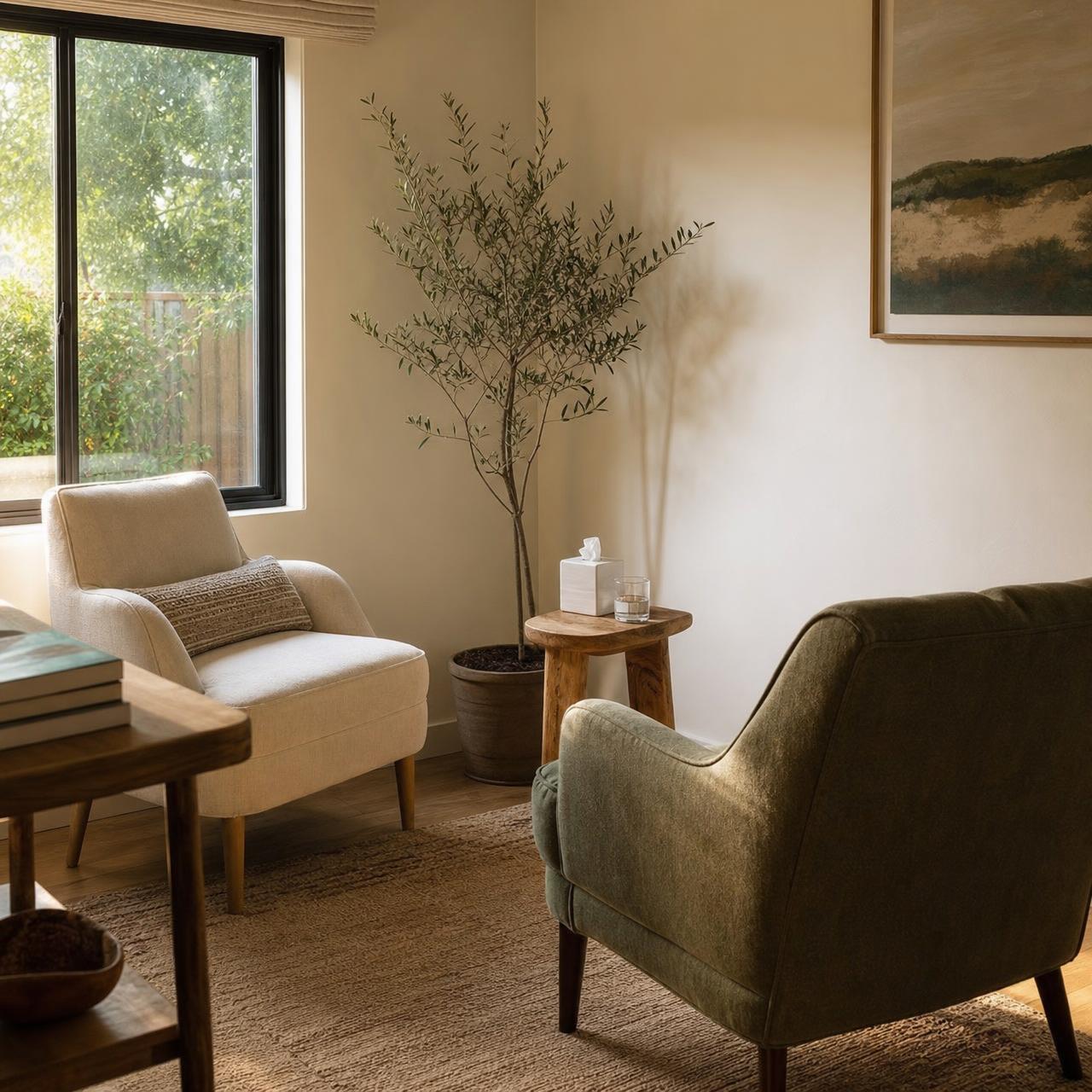 A warm California therapy room with two comfortable chairs